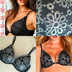 Victoria's Secret Vintage Very Sexy Black Silver Glitter Eyelet Lace Push-up Bra